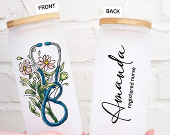 Personalized Nurse Glass Can Cup with Floral Boho Stethoscope, Nurse Gift, Nurse Appreciation Week, RN Gift, Nursing Student Gift, NP Gift