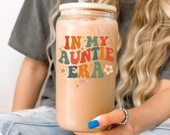 In My Auntie Era Ice Coffee Cup With Lid and Straw, 16oz Custom Glass New Auntie Gift, Custom Gift for Aunt, Favorite Aunt Gift from Niece