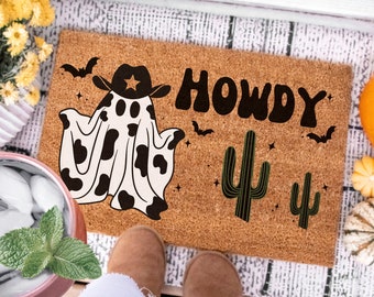 Howdy Halloween Doormat, Cowboy Ghost Doormat, Cow Halloween Welcome Mat, Fall Autumn Decor, Spooky Mat, Halloween Cowboy Western Halloween