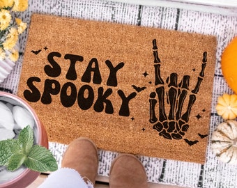 Stay Spooky Doormat, Cute Halloween Decor, Skeleton Peace Sign, Halloween Doormat, Halloween Welcome Mat, Spooky Season Halloween Door Mat