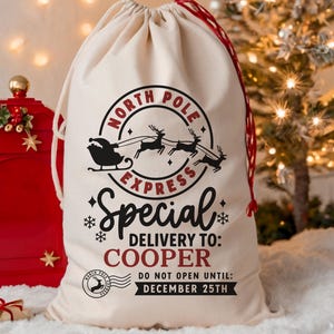 Santa Sack Personalized with Name, Gifts For Kids, Custom Christmas Gift for Kids, Personalized Christmas Sack with Strap Drawstring Closure