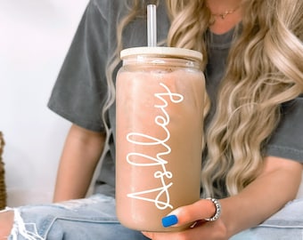 Personalized 16oz Glass Can Cup With Lid and Straw,Personalized Custom Iced Coffee Cup Glass Can Soda Cup,Gifts for Women,Friend,Bridesmaids