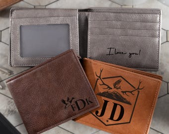 Monogrammed Leather Wallet for Outdoorsmen, Fishing and Hunting Custom Name or Initials