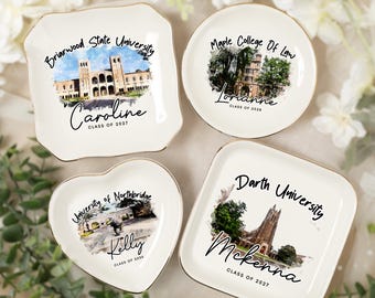 Custom University Ring Dish, Class of 2026, College Acceptance Gifts For Girls, High School Graduation Gift, Watercolor Campus Trinket Tray