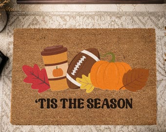 Fall Football Doormat, Tis the Season Coffee Pumpkin Welcome Mat