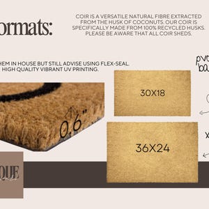 Puede incluir: Primer plano de una alfombra de coco marr&oacute;n con un dise&ntilde;o negro. La alfombra tiene un grosor de 1,5 cm y est&aacute; disponible en dos tama&ntilde;os: 76 x 46 cm y 91 x 61 cm. La alfombra tiene un respaldo forrado de PVC.