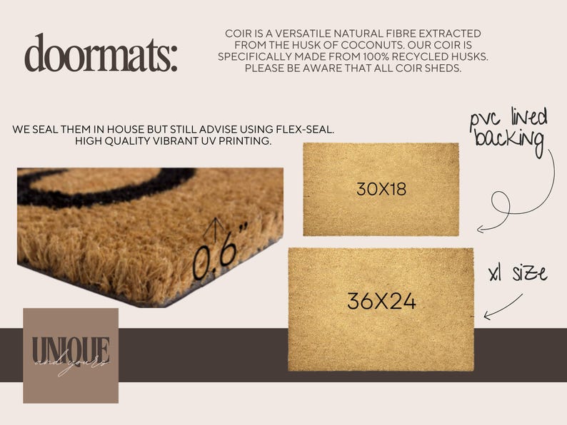 Puede incluir: Primer plano de una alfombra de coco marr&oacute;n con un dise&ntilde;o negro. La alfombra tiene un grosor de 1,5 cm y est&aacute; disponible en dos tama&ntilde;os: 76 x 46 cm y 91 x 61 cm. La alfombra tiene un respaldo forrado de PVC.