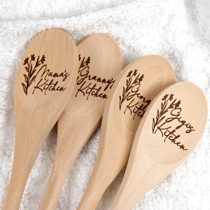 Custom Engraved Wooden Stirring Spoon, Custom Text, Personalized Wood Kitchen Mixing Spoon 12-inch, Flower Design, Gift For Mom/Grandma