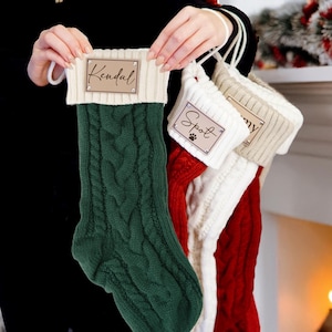 Personalized Christmas Stocking, 19-Inch Cable Knit with Engraved Name Patch