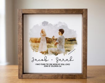 Engagement Portrait from Photo with Bible Verse, Watercolor-Style Framed Sign