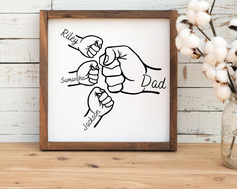 May include: Black and white illustration of four fists with the names Riley, Samantha, Jackson, and Dad written next to each fist.