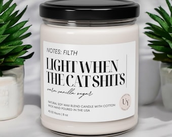Puede incluir: Una vela de mezcla de cera de soja de 227g en un frasco de vidrio transparente con tapa negra. La etiqueta blanca presenta el texto: NOTES: FILTH, LIGHT WHEN THE CAT SHITS, warm vanilla sugar, NATURAL SOY WAX BLEND CANDLE WITH COTTON WICK HAND POURED IN THE USA, 40-50 Hours | 8 oz.