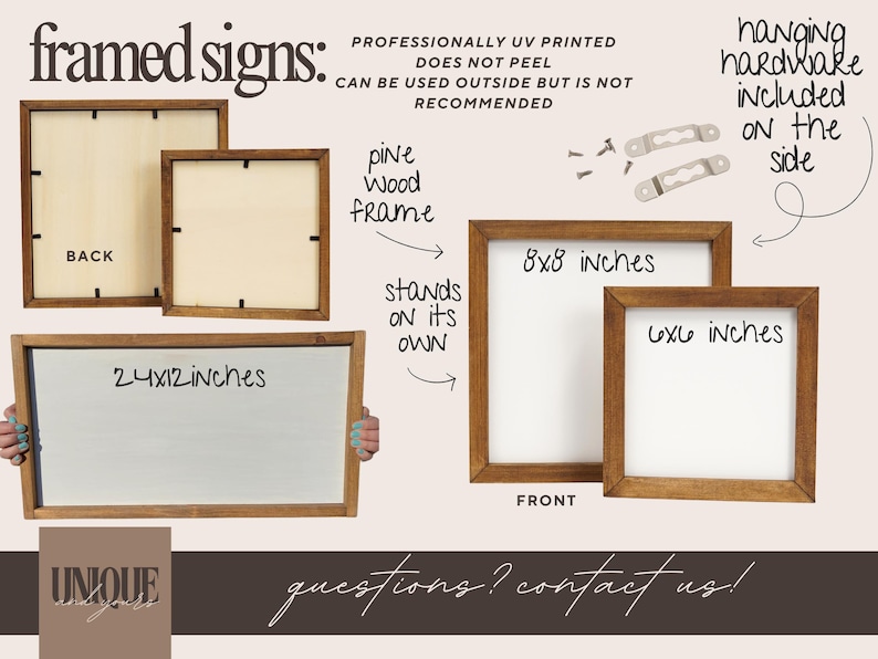 May include: A set of three wooden framed signs in various sizes. The signs are made of pine wood and have a natural wood finish. The signs are UV printed and can be used indoors or outdoors. The signs are available in 6x6 inches, 8x8 inches, and 24x12 inches.