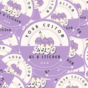 Overlapping purple-and-cream round stickers reading ‘Your custom logo as a sticker,’ with a central sticker prominently displayed.