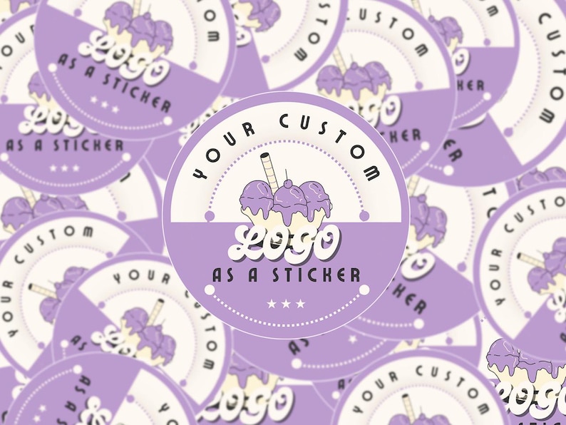 Overlapping purple-and-cream round stickers reading ‘Your custom logo as a sticker,’ with a central sticker prominently displayed.