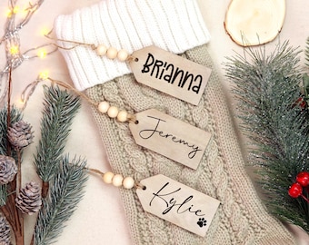 Personalized Stocking Tags, Custom Name Tags, Stocking Name Tags, Christmas Stocking Tags, Laser Engraved, Farmhouse Rustic Beaded Wood Tags