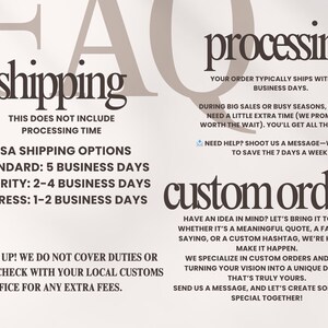May include: A graphic with the text "shipping" and "processing" in large, bold letters. The graphic provides information about shipping options and processing times for orders. It also includes information about custom orders and the text "Heads up! We do not cover duties or taxes, so check with your local customs office for any extra fees."