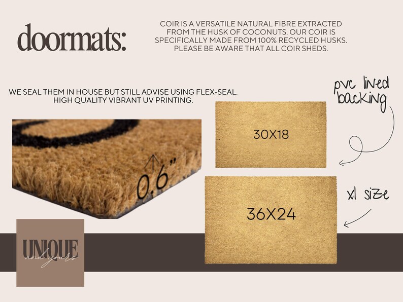 Doormat information chart showing coir fibers, PVC backing, 0.6-inch thickness, UV printing, and size examples labeled 30×18 and 36×24 inches.