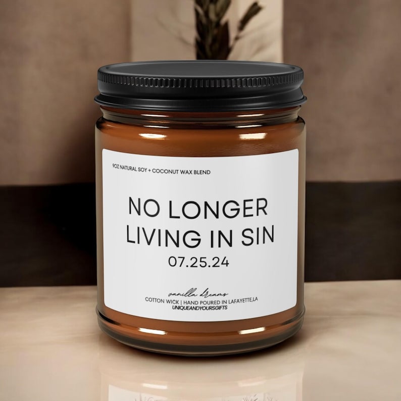 No Longer Living In Sin Soy Candle, Custom Wedding Gift, Wedding Gift For Couple Unique, Funny Newlywed Gift, Newlywed Candle, Wedding Date