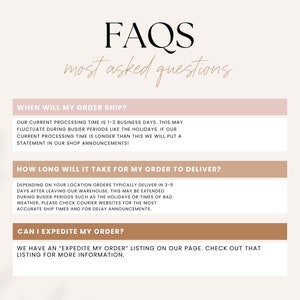Shop FAQ graphic covering processing, delivery and expedited order options.