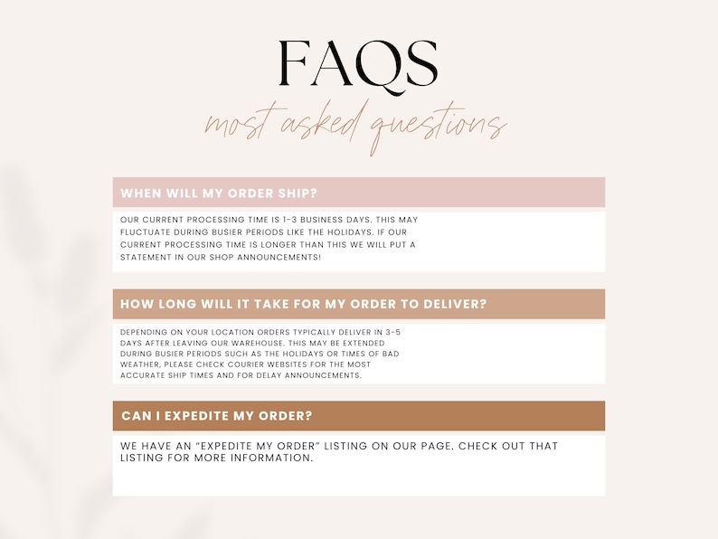 Shop FAQ graphic covering processing, delivery and expedited order options.