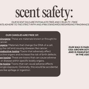 以下が含まれることがあります： 黒と白のグラフィックで、「scent safety」というテキストが大きく太字で書かれています。このグラフィックは、キャンドルが、発がん性物質、変異原、生殖毒、臓器毒、急性毒を含まないことを説明しています。また、ワックスは米国産大豆から作られており、米国で製造されていることも示しています。
