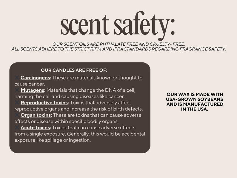 以下が含まれることがあります： 黒と白のグラフィックで、「scent safety」というテキストが大きく太字で書かれています。このグラフィックは、キャンドルが、発がん性物質、変異原、生殖毒、臓器毒、急性毒を含まないことを説明しています。また、ワックスは米国産大豆から作られており、米国で製造されていることも示しています。
