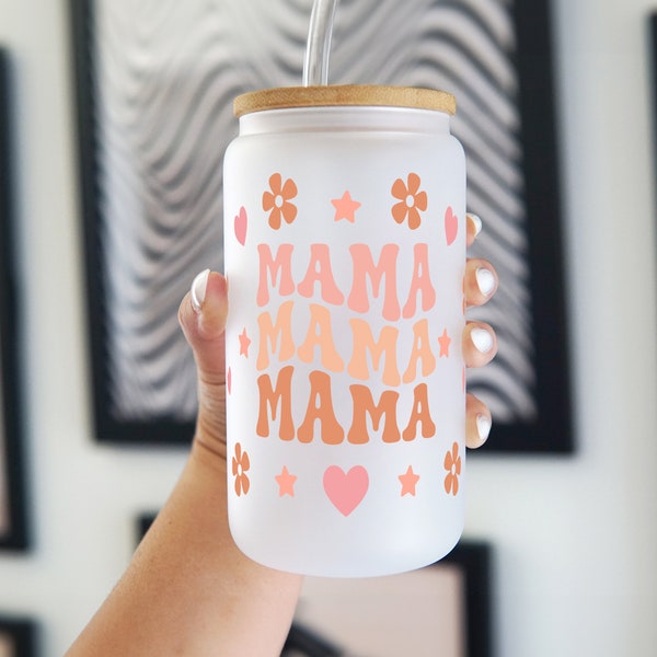 Mama Ice Coffee Cup With Lid and Straw, 16oz Custom Glass Mom Coffee Gift, Custom Gift for Mom, Mother's Day Gift Idea Birthday New Mom Gift