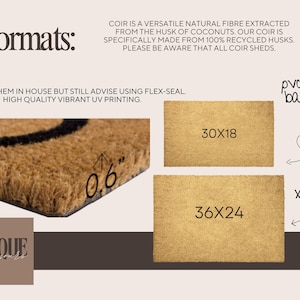 May include: A close-up of a brown coir doormat with a black design. The doormat is 0.6 inches thick and comes in two sizes: 30x18 inches and 36x24 inches. The doormat has a PVC-lined backing.