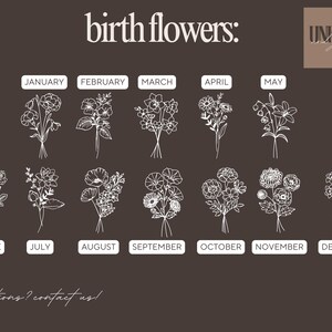 May include: A chart showing the birth flowers for each month of the year. The flowers are illustrated in white line art on a brown background. The months are listed in a white box below each flower.