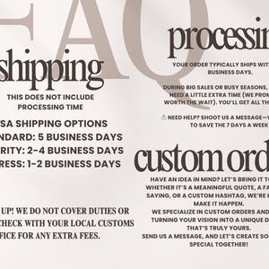 Puede incluir: Un gr&aacute;fico con el texto "shipping" y "processing" en letras grandes y en negrita. El gr&aacute;fico proporciona informaci&oacute;n sobre las opciones de env&iacute;o y los tiempos de procesamiento de los pedidos. Tambi&eacute;n incluye informaci&oacute;n sobre pedidos personalizados y el texto "Heads up! We do not cover duties or taxes, so check with your local customs office for any extra fees."