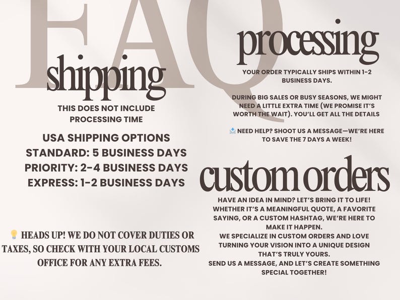 Puede incluir: Un gr&aacute;fico con el texto "shipping" y "processing" en letras grandes y en negrita. El gr&aacute;fico proporciona informaci&oacute;n sobre las opciones de env&iacute;o y los tiempos de procesamiento de los pedidos. Tambi&eacute;n incluye informaci&oacute;n sobre pedidos personalizados y el texto "Heads up! We do not cover duties or taxes, so check with your local customs office for any extra fees."