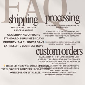 FAQ chart covering processing, custom orders, and shipping estimates, including standard, priority, and express US delivery options.