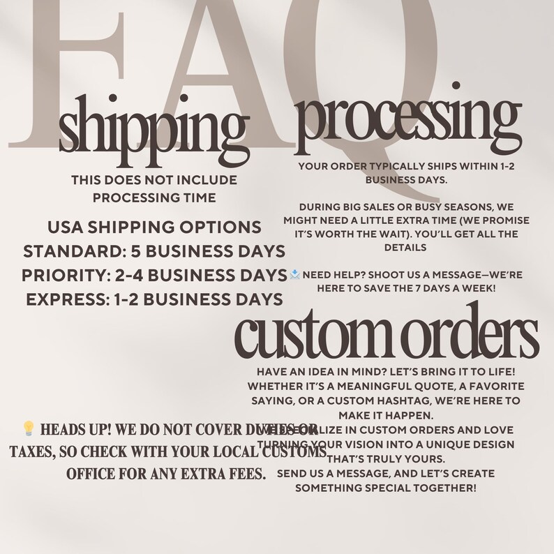 FAQ chart covering processing, custom orders, and shipping estimates, including standard, priority, and express US delivery options.
