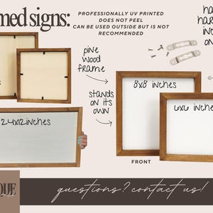 Framed pine sign information chart showing front and back views, hanging hardware and available sizes.
