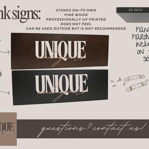 Plank sign product chart showing stained wood finishes, hanging hardware and dimensions.