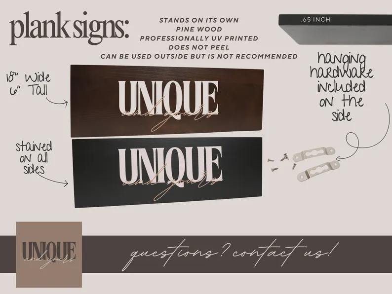 Plank sign product chart showing stained wood finishes, hanging hardware and dimensions.