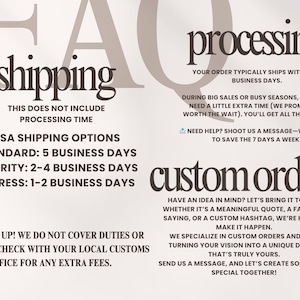 May include: A beige informational graphic with dark brown text titled FAQ. It details shipping options including standard, priority, and express, processing times, custom order inquiries, and a notice regarding duties and taxes for international customers.