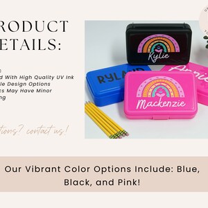 May include: Three plastic pencil cases with rainbow designs and personalized names. The cases are blue, black, and pink. The text on the cases reads "Kylie", "Rylan", and "Mackenzie".