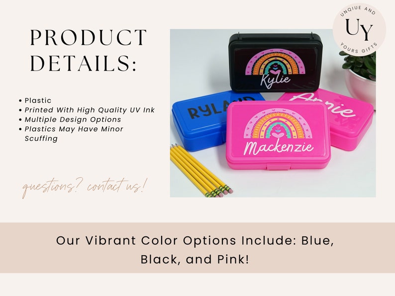 May include: Three plastic pencil cases with rainbow designs and personalized names. The cases are blue, black, and pink. The text on the cases reads "Kylie", "Rylan", and "Mackenzie".