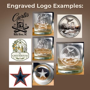 May include: A collection of clear glass tumblers featuring various white laser-engraved designs, including a cigar and glass logo with the text Curtis 2026 Mills River, NC, a greenhouse illustration, a star shape, and a circular 40th anniversary emblem.