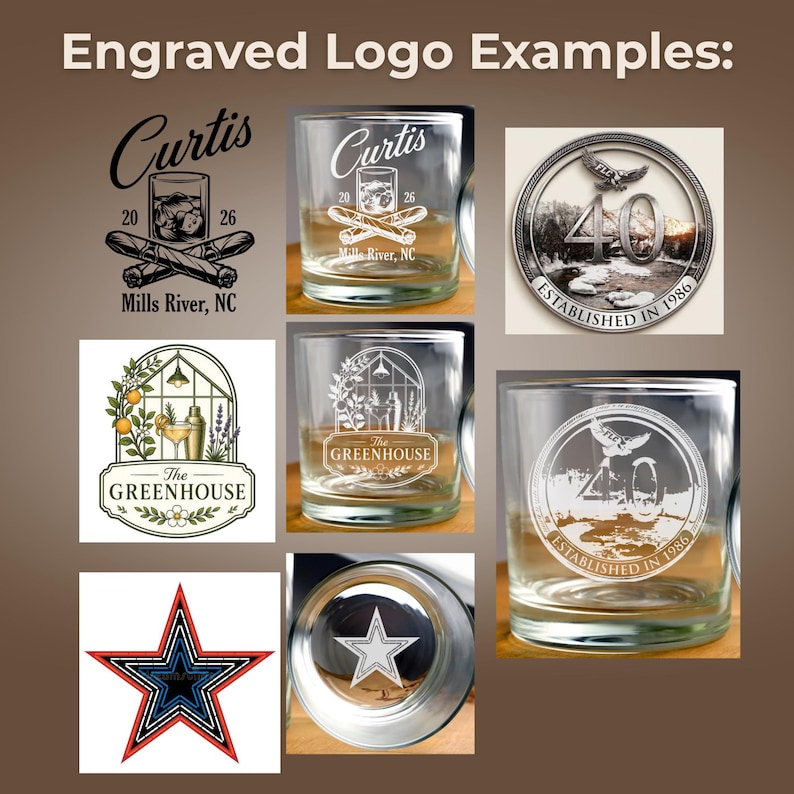 May include: A collection of clear glass tumblers featuring various white laser-engraved designs, including a cigar and glass logo with the text Curtis 2026 Mills River, NC, a greenhouse illustration, a star shape, and a circular 40th anniversary emblem.