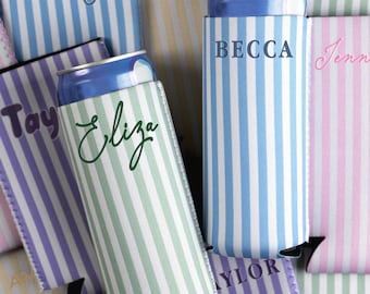Personalized Striped Slim Can Cooler,Preppy Monogrammed Bridal Party Favor, Pastel Skinny Cozies