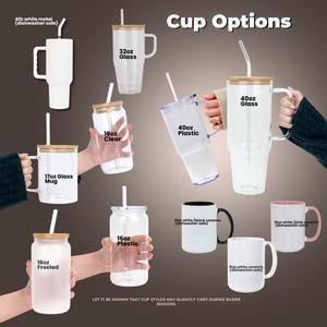 Cup options chart comparing glass, frosted, plastic and metal tumblers and ceramic mugs in several sizes.