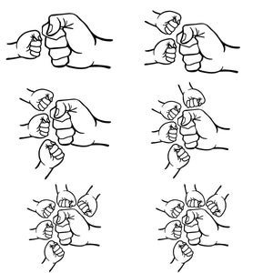 May include: Black and white line drawing of multiple hands clasped together in a fist bump. The hands are drawn in a simple, stylized manner, with each hand having five fingers. The hands are arranged in a circle, with the fists bumping in the center. The drawing is a symbol of unity and strength.