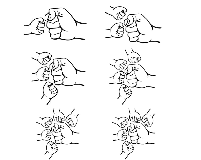May include: Black and white line drawing of multiple hands clasped together in a fist bump. The hands are drawn in a simple, stylized manner, with each hand having five fingers. The hands are arranged in a circle, with the fists bumping in the center. The drawing is a symbol of unity and strength.