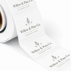 Roll of rectangular white labels printed ‘Willow & Pine Co., Handmade Goods’ with a small botanical logo.