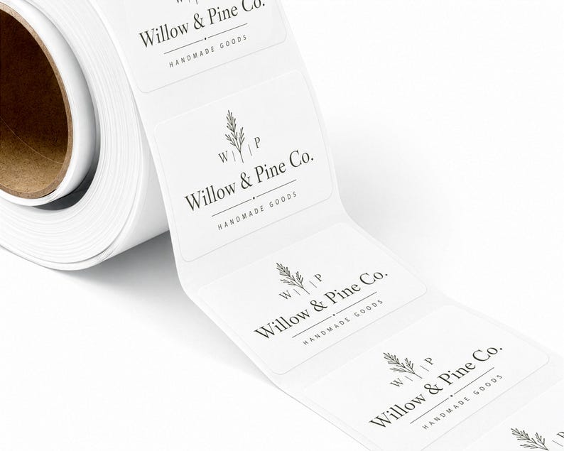 Roll of rectangular white labels printed ‘Willow & Pine Co., Handmade Goods’ with a small botanical logo.