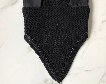Horse Tie-down Bonnet in Black with Black Rhinestone Ribbon and Crystal