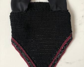 Horse Bonnet in Black with Burgundy and Rhinestone Ribbon